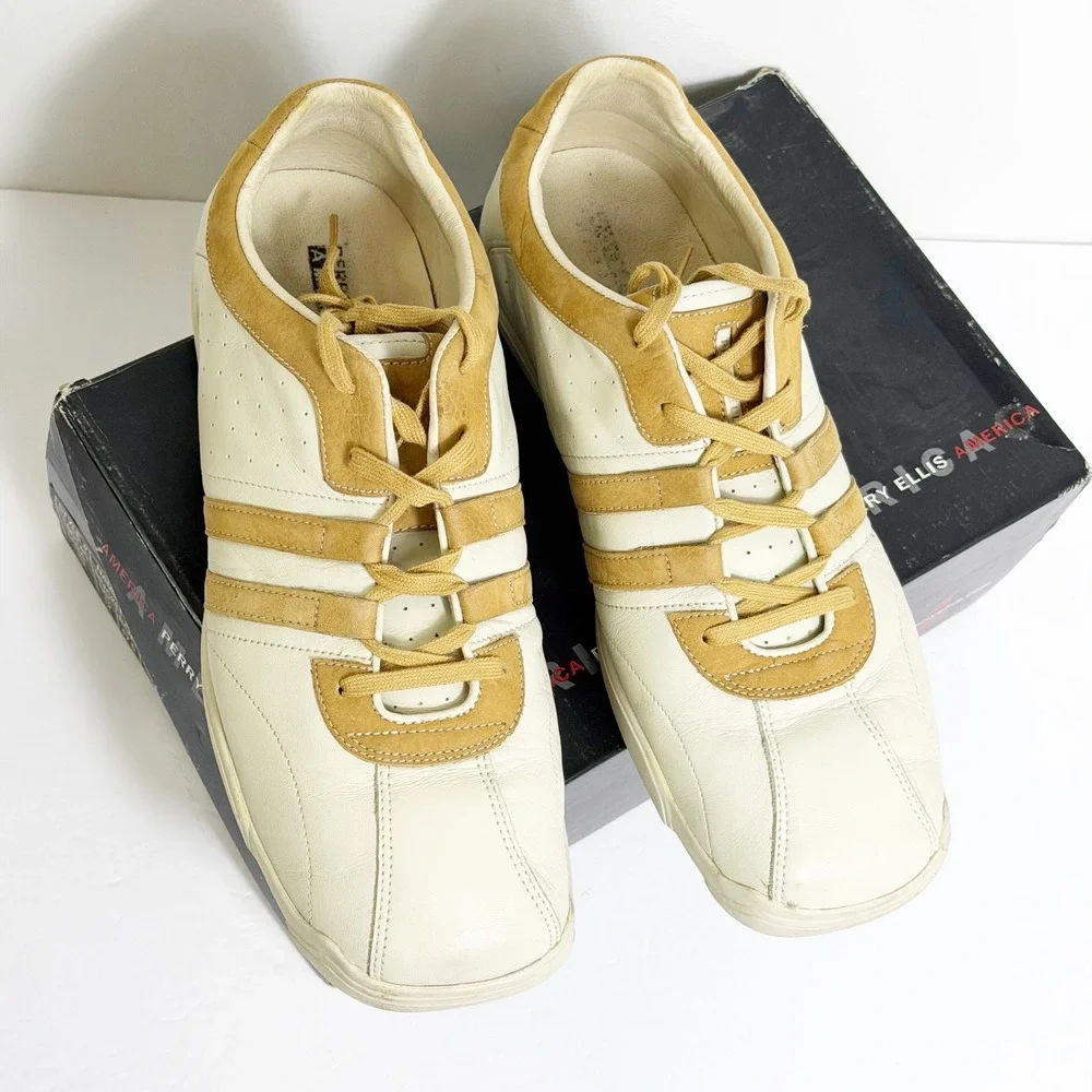 Perry Ellis Bracket Shoes Mens 13 Cream Natural Leather Suede Sneakers VTG Y2K